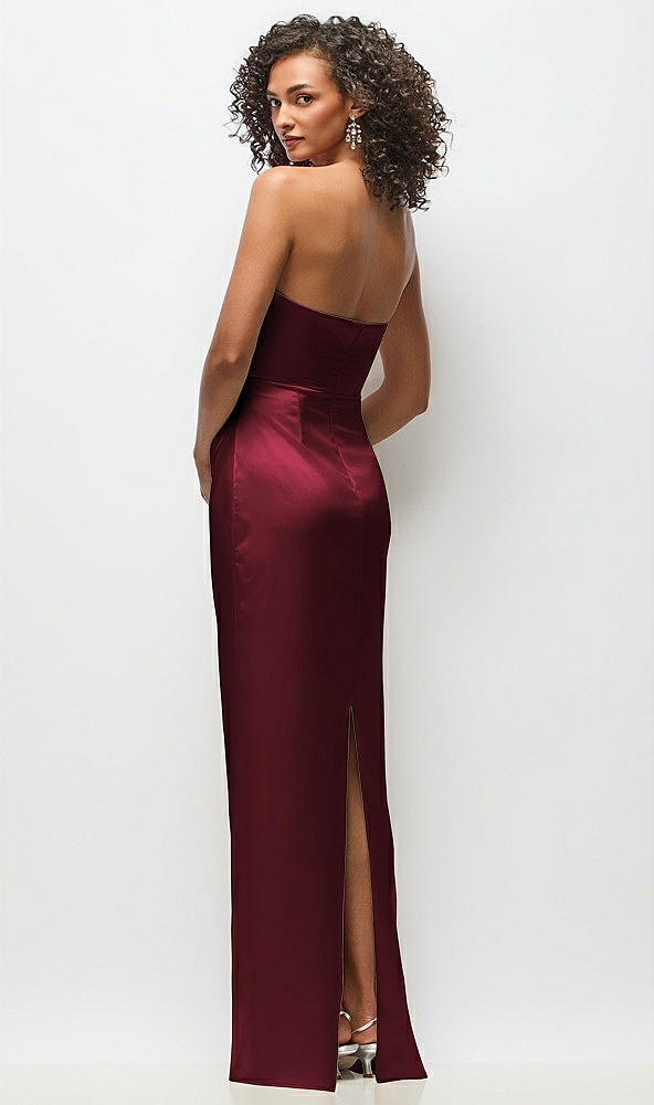 Back View - Cabernet Strapless Draped Bodice Stretch Satin Column Maxi Dress