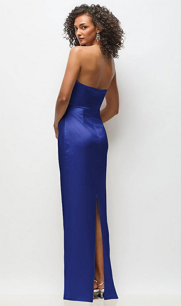 Back View - Cobalt Blue Strapless Draped Bodice Stretch Satin Column Maxi Dress