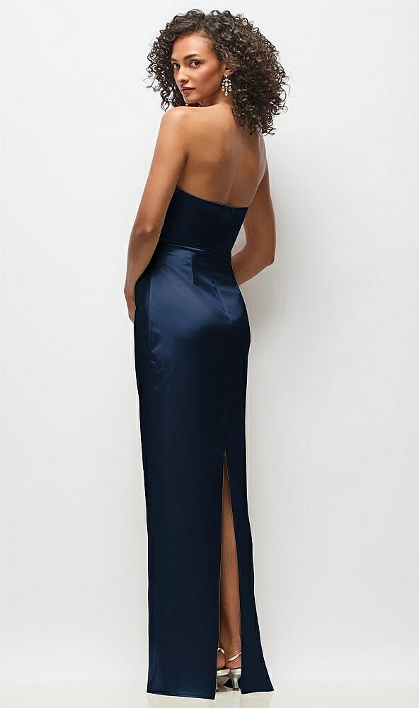 Back View - Midnight Navy Strapless Draped Bodice Stretch Satin Column Maxi Dress
