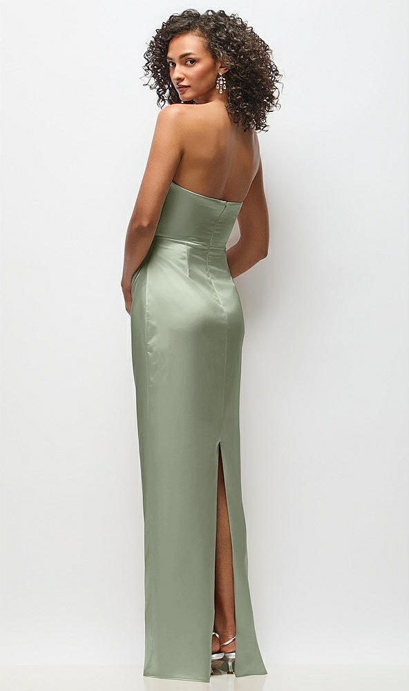 Back View - Sage Strapless Draped Bodice Stretch Satin Column Maxi Dress