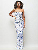 Front View Thumbnail - Magnolia Sky Strapless Draped Bodice Floral Stretch Satin Column Maxi Dress