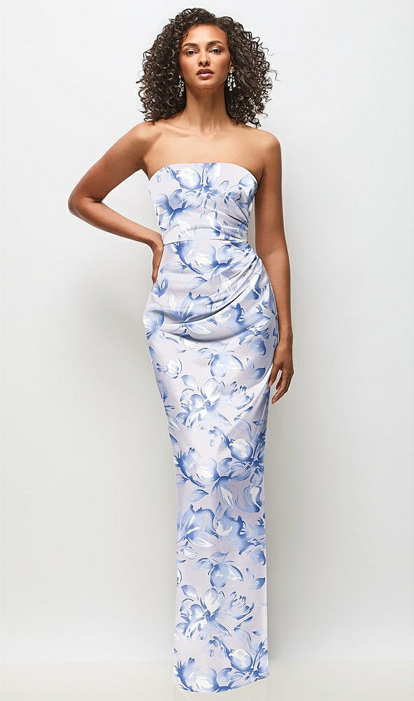 Front View - Magnolia Sky Strapless Draped Bodice Floral Stretch Satin Column Maxi Dress
