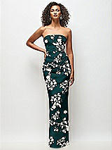 Front View Thumbnail - Vintage Primrose Evergreen Strapless Draped Bodice Floral Stretch Satin Column Maxi Dress
