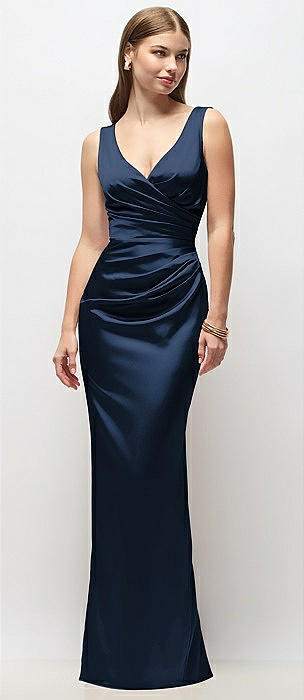 Sleeveless Draped Wrap Bodice Stretch Satin Column Maxi Dress