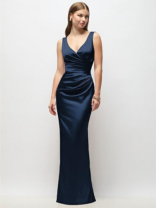 Sleeveless Draped Wrap Bodice Stretch Satin Column Maxi Dress