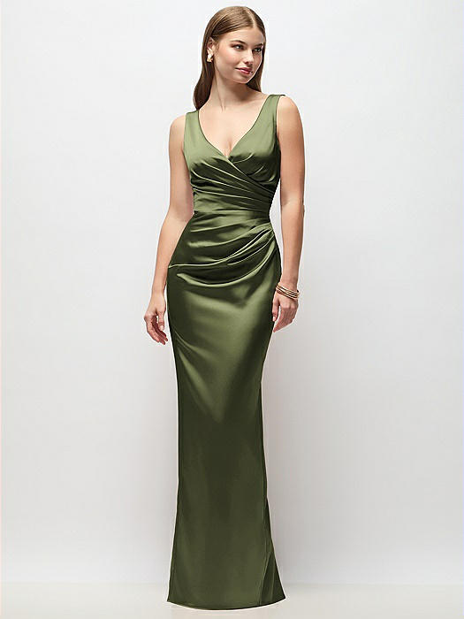 Sleeveless Draped Wrap Bodice Stretch Satin Column Maxi Dress