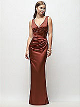 Front View Thumbnail - Auburn Moon Sleeveless Draped Wrap Bodice Stretch Satin Column Maxi Dress