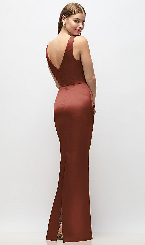 Back View - Auburn Moon Sleeveless Draped Wrap Bodice Stretch Satin Column Maxi Dress