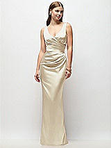 Front View Thumbnail - Champagne Sleeveless Draped Wrap Bodice Stretch Satin Column Maxi Dress