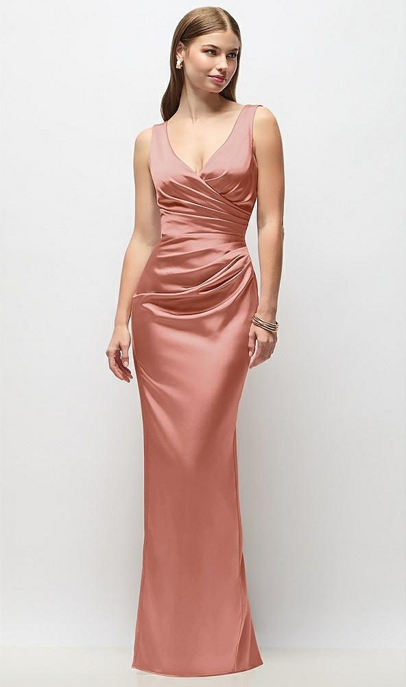 Front View - Desert Rose Sleeveless Draped Wrap Bodice Stretch Satin Column Maxi Dress