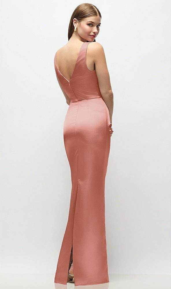 Back View - Desert Rose Sleeveless Draped Wrap Bodice Stretch Satin Column Maxi Dress