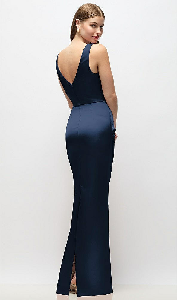 Back View - Midnight Navy Sleeveless Draped Wrap Bodice Stretch Satin Column Maxi Dress