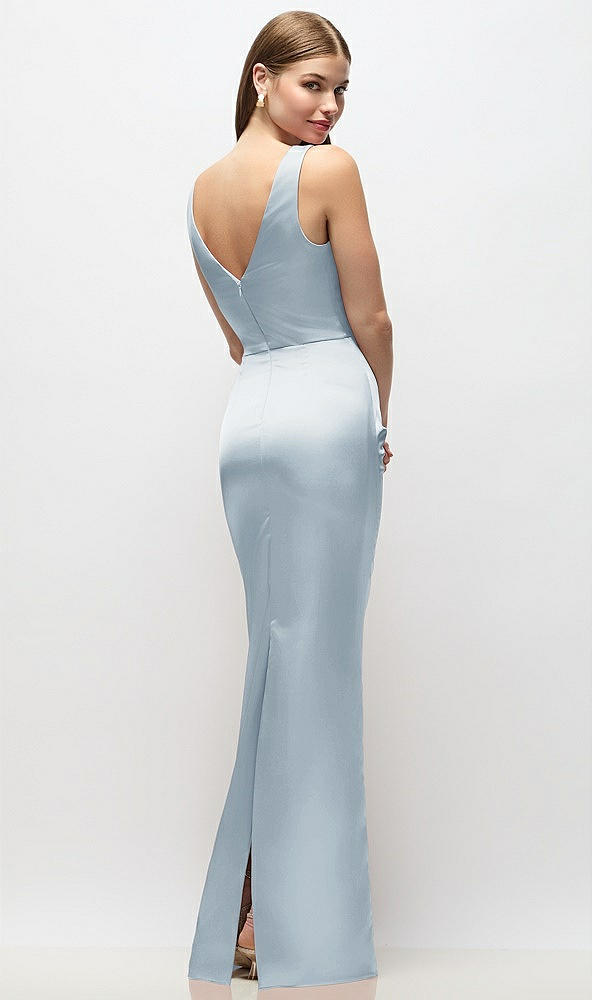 Back View - Mist Sleeveless Draped Wrap Bodice Stretch Satin Column Maxi Dress