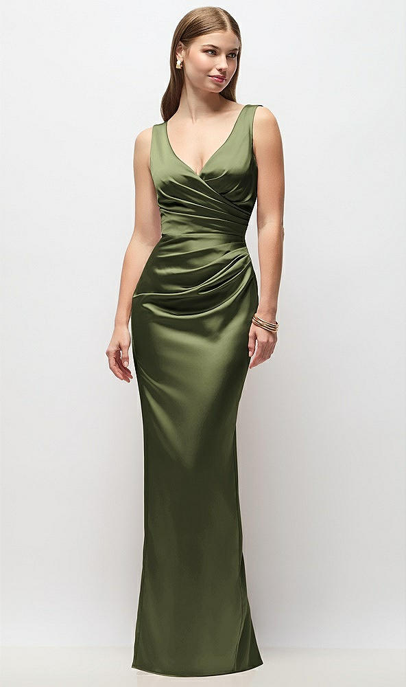 Front View - Olive Green Sleeveless Draped Wrap Bodice Stretch Satin Column Maxi Dress