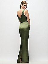 Rear View Thumbnail - Olive Green Sleeveless Draped Wrap Bodice Stretch Satin Column Maxi Dress