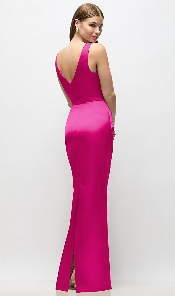 Back View - Think Pink Sleeveless Draped Wrap Bodice Stretch Satin Column Maxi Dress