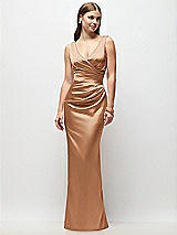 Front View Thumbnail - Toffee Sleeveless Draped Wrap Bodice Stretch Satin Column Maxi Dress