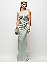 Front View Thumbnail - Willow Green Sleeveless Draped Wrap Bodice Stretch Satin Column Maxi Dress