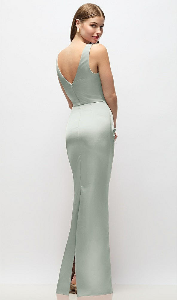 Back View - Willow Green Sleeveless Draped Wrap Bodice Stretch Satin Column Maxi Dress