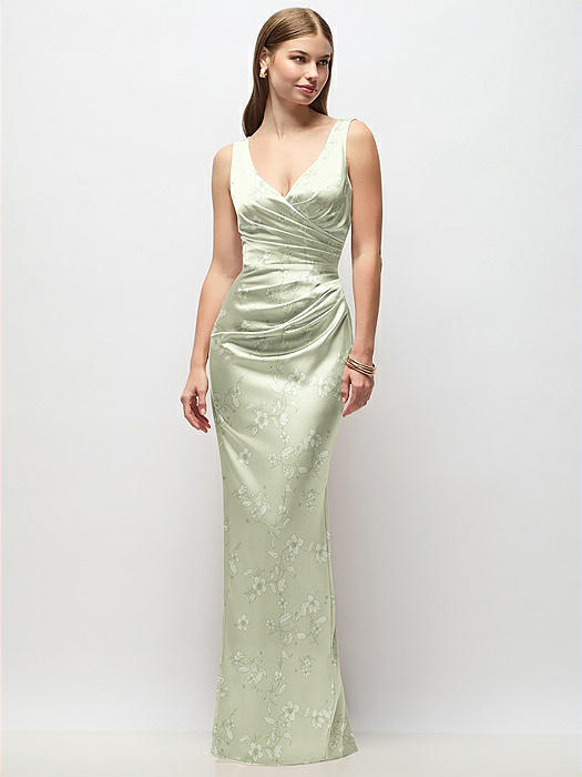 Sleeveless Draped Wrap Bodice Floral Stretch Satin Column Maxi Dress