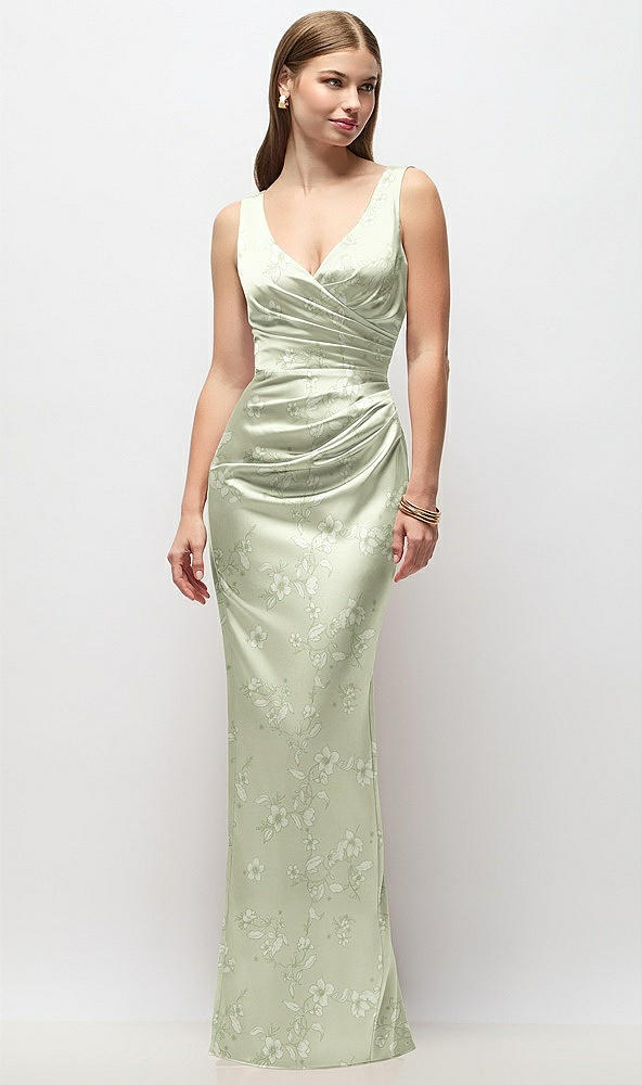 Front View - Vintage Primrose Celadon Sleeveless Draped Wrap Bodice Floral Stretch Satin Column Maxi Dress