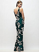 Rear View Thumbnail - Vintage Primrose Evergreen Sleeveless Draped Wrap Bodice Floral Stretch Satin Column Maxi Dress