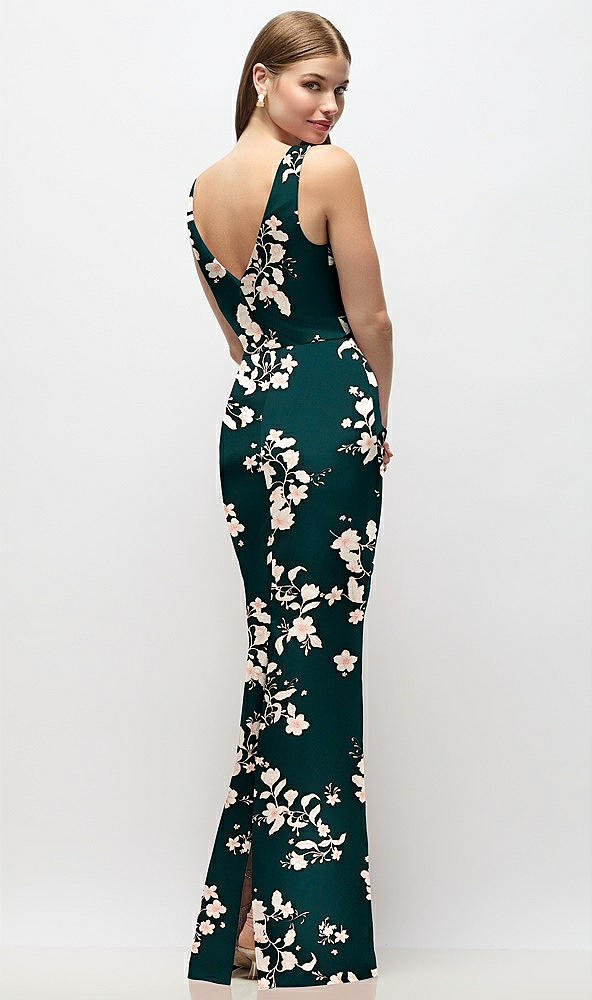 Back View - Vintage Primrose Evergreen Sleeveless Draped Wrap Bodice Floral Stretch Satin Column Maxi Dress