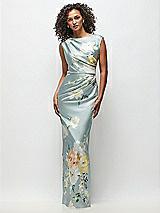 Front View Thumbnail - Mist Multi High Neck Cap Shoulder Painterly Floral Stretch Satin Column Maxi Dress