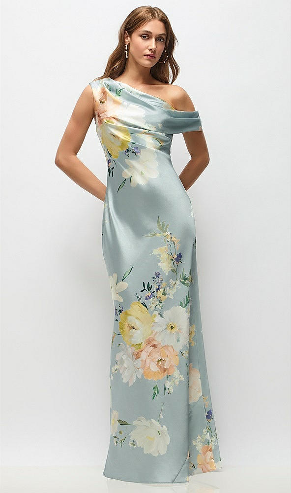 Front View - Mist Multi Draped One-Shoulder Bias Painterly Floral Stretch Satin Maxi Dress