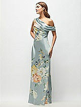Side View Thumbnail - Mist Multi Draped One-Shoulder Bias Painterly Floral Stretch Satin Maxi Dress