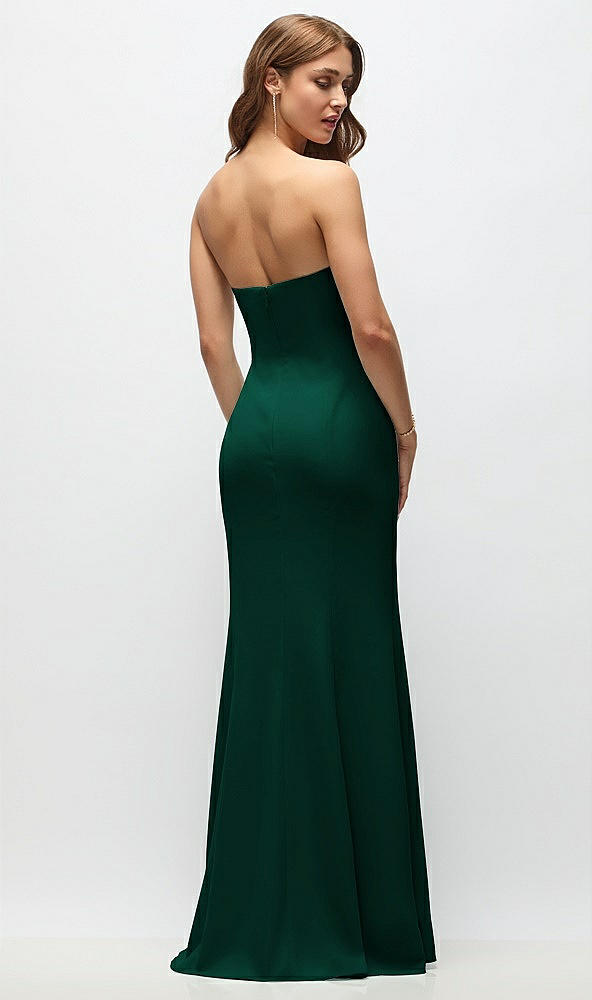 Back View - Hunter Green Strapless Fit and Flare Crepe Maxi Dress