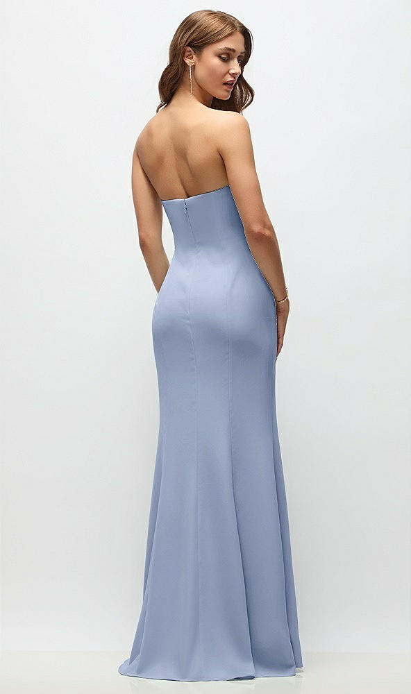 Back View - Sky Blue Strapless Fit and Flare Crepe Maxi Dress