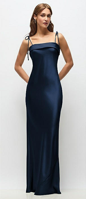 Cuff Neck Satin Bias Maxi Dress with Self-Tie Spaghetti Straps
