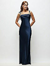 Front View Thumbnail - Midnight Navy Cuff Neck Satin Bias Maxi Dress with Self-Tie Spaghetti Straps