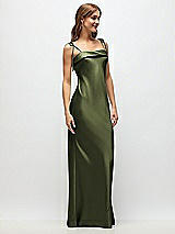 Side View Thumbnail - Olive Green Cuff Neck Satin Bias Maxi Dress with Self-Tie Spaghetti Straps