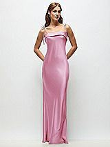 Front View Thumbnail - Powder Pink Cuff Neck Satin Bias Maxi Dress with Self-Tie Spaghetti Straps