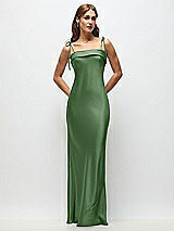 Front View Thumbnail - Vineyard Green Cuff Neck Satin Bias Maxi Dress with Self-Tie Spaghetti Straps