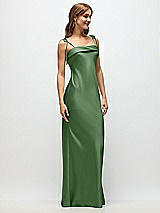 Side View Thumbnail - Vineyard Green Cuff Neck Satin Bias Maxi Dress with Self-Tie Spaghetti Straps