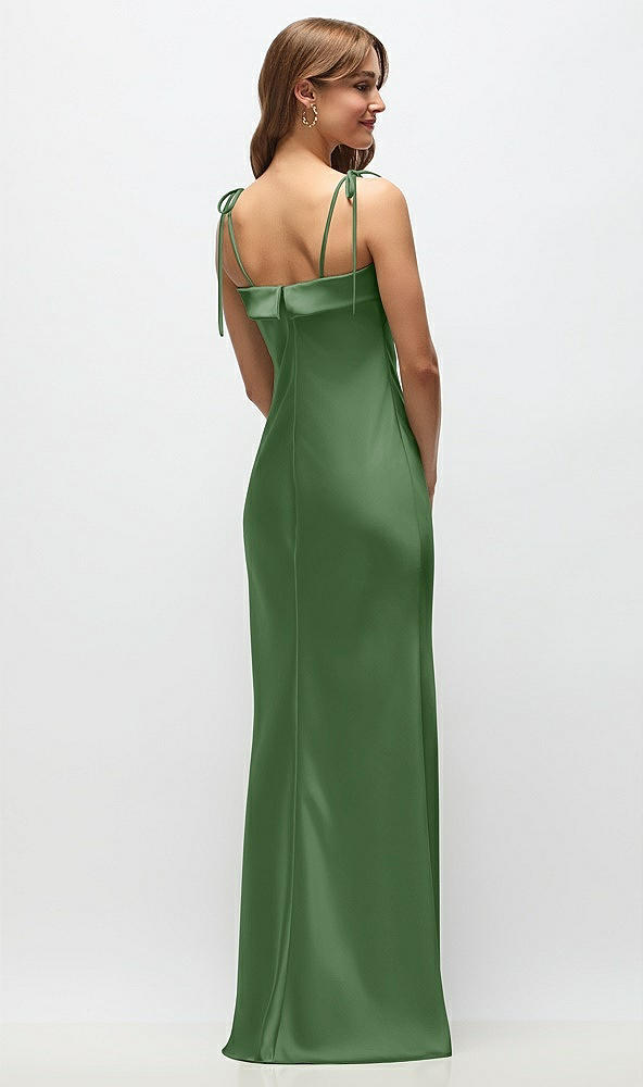 Back View - Vineyard Green Cuff Neck Satin Bias Maxi Dress with Self-Tie Spaghetti Straps