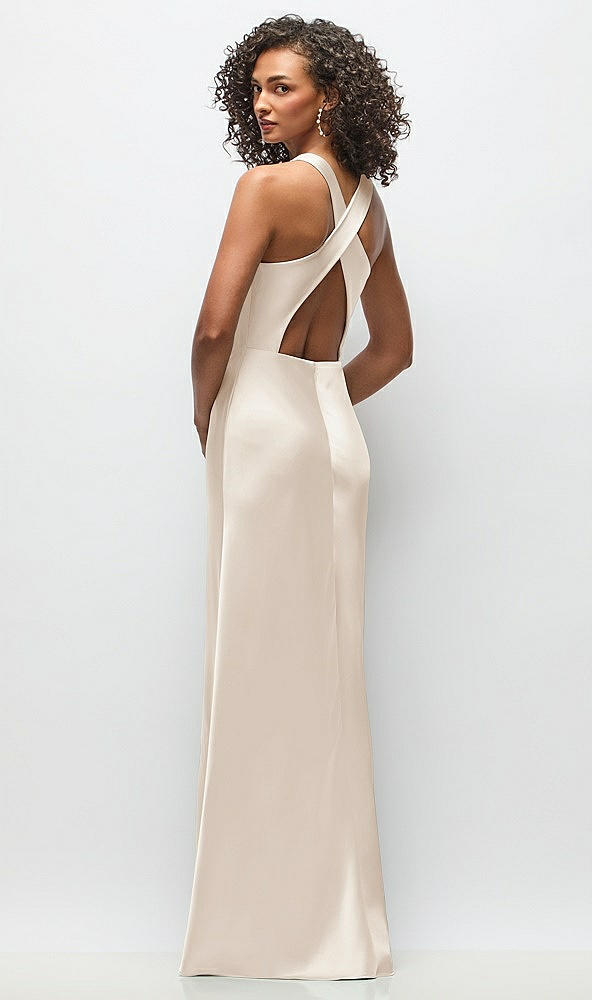 Back View - Oat Cowl Neck Criss-Cross Back Satin Maxi Dress