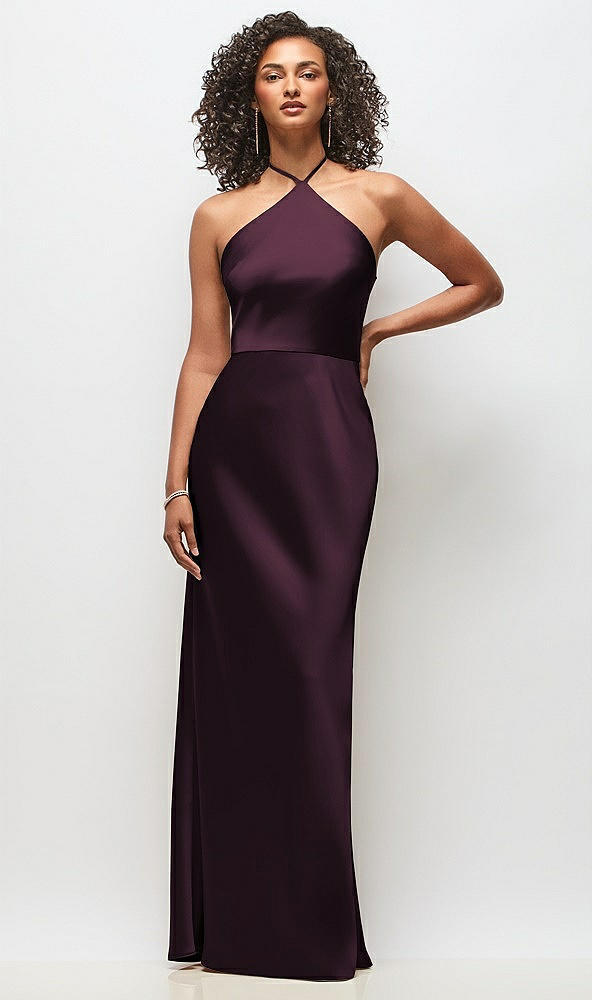 Front View - Deep Plum High-Neck Halter Stretch Satin Maxi Dress with Bias A-line Skirt