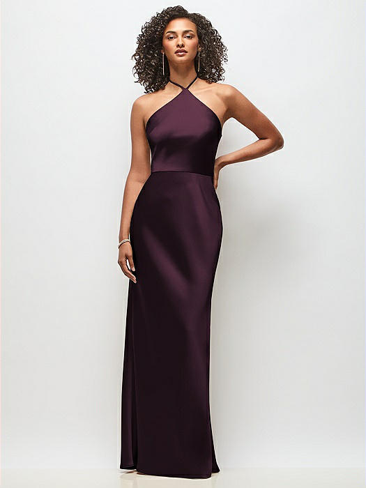 High-Neck Halter Stretch Satin Maxi Dress with Bias A-line Skirt