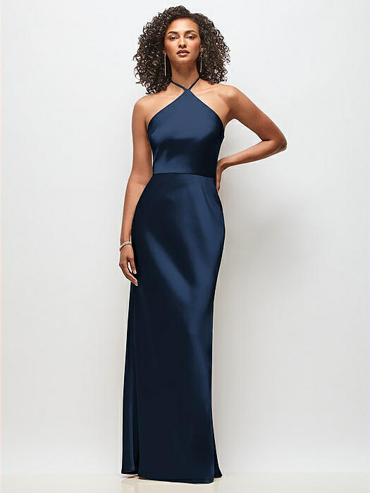 High-Neck Halter Stretch Satin Maxi Dress with Bias A-line Skirt