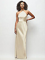 Front View Thumbnail - Champagne High-Neck Halter Stretch Satin Maxi Dress with Bias A-line Skirt