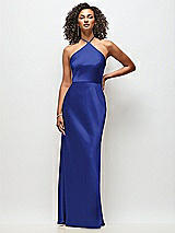 Front View Thumbnail - Cobalt Blue High-Neck Halter Stretch Satin Maxi Dress with Bias A-line Skirt