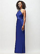 Side View Thumbnail - Cobalt Blue High-Neck Halter Stretch Satin Maxi Dress with Bias A-line Skirt