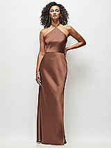 Front View Thumbnail - Cognac High-Neck Halter Stretch Satin Maxi Dress with Bias A-line Skirt