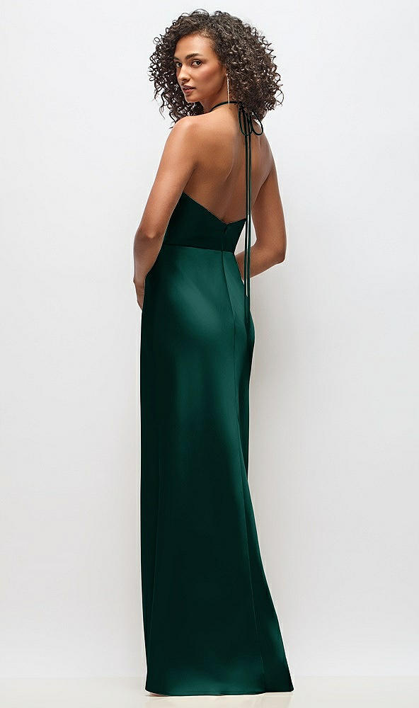 Back View - Evergreen High-Neck Halter Stretch Satin Maxi Dress with Bias A-line Skirt
