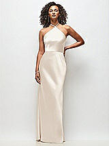 Front View Thumbnail - Oat High-Neck Halter Stretch Satin Maxi Dress with Bias A-line Skirt