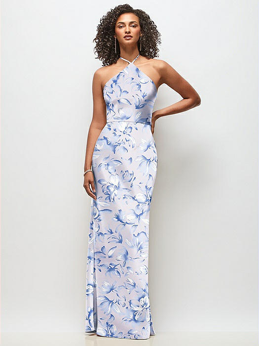 High-Neck Halter Floral Stretch Satin Maxi Dress with Bias A-line Skirt